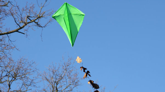 Le cerf volant peut être décoré de feuilles sur son fil de traîne.
