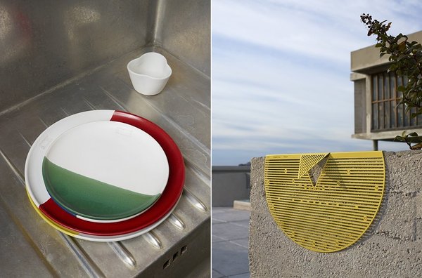 Dans le cadre de l’Appartement 50, exposition à La Cité Radieuse de Marseille, à gauche, projet d’assiettes en arts de la table Polychromie de Leila Chouikh et, à droite, cadran solaire Radieux d’Ahmed Bedair, pour l’ECAL.