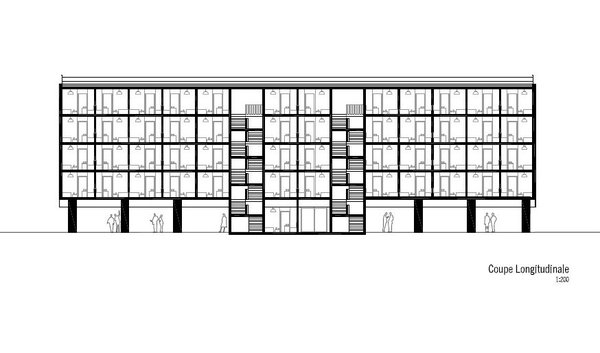 Coupe longitudinale du bâtiment de logements neufs.