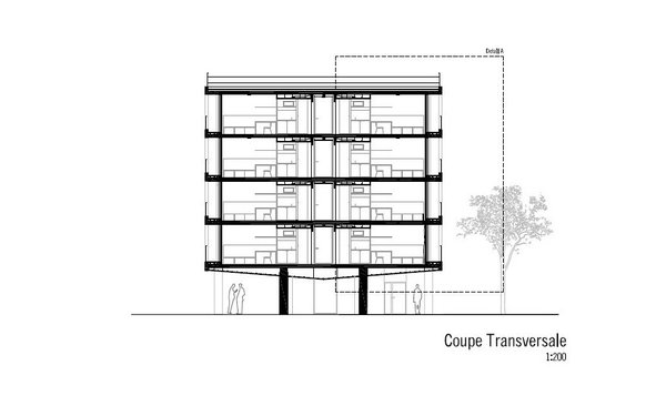 Coupe transversale du bâtiment de logements neufs.