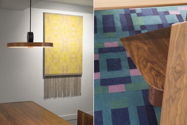 Gros plan sur l’exposition parisienne Conversations organisée en mars 2017 à l’espace Modem Quicampoix qui mettait en scène les meubles et luminaires de Pool en parallèle avec les tapis et tentures murales d’Oyyo. Tapis Skala, création Oyyo.