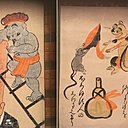 A gauche, le dieu de la Fortune rasant le Dieu de la longévité sur une échelle Tosa Gonji époque Edo? A droite, Banquet du chat et de la souris  peinture d'Ôtsu époque Edo collection R.Bru.