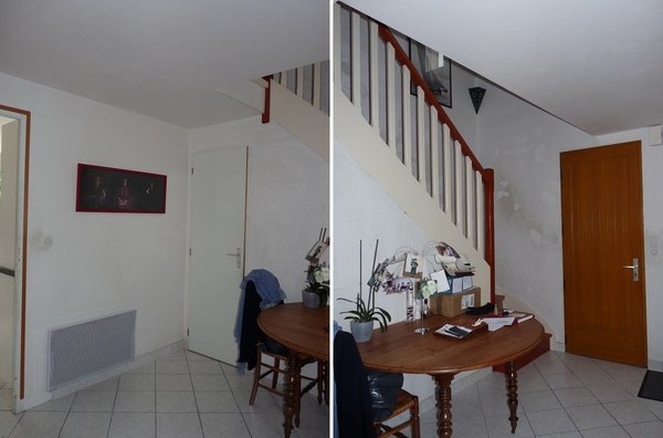 L’entrée avant : un espace meublé d’une table inutile, à la fonctionnalité non exploitée. Une décoration dépassée et des couleurs qui ne mettent pas en relief l’espace.