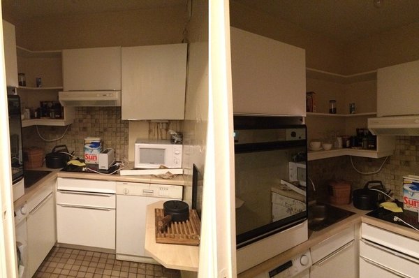 Avant les travaux, l’ex-petite cuisine fermée peu fonctionnelle et très encombrée avec des meubles en angle.  Elle n’offrait qu’un plan de travail réduit et une toute petite table d’appoint en complément.