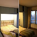 Avant les travaux, l’unique chambre avec des placards encadrant le lit et des rangements, en nombre trop important par rapport au volume de la pièce et alourdissant l’espace.