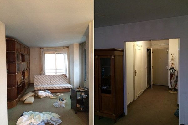 Avant les travaux à gauche, l’ancien salon en double volume devenu seconde chambre. A droite, l’entrée avec portes des WC et de la cuisine supprimées dans la rénovation.