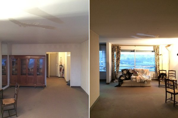 Avant les travaux à gauche, l’ex-salle à manger ouverte sur l’entrée. A droite, le salon offrant une belle vue dégagée.