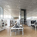 Les rayonnages, bornes d’accueil, points de consultation du catalogue, chaises, tables se caractérisent par leur flexibilité, leur évolutivité et leur simplicité. Les rayonnages, tablettes, serre-livres sont basés sur une gamme de mobilier existant dont l’enveloppe a été rendue plus discrète, presqu'abstraite, grâce à une résine translucide.