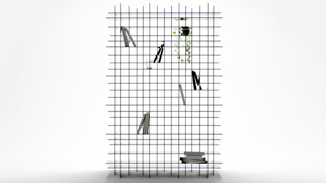 De face, l’étagère Scatter Shelf offre un effet d’illusion évanescente qui ne laisse apparaître que de très fines sections de plaques en acrylique de 5 mm d’épaisseur.  Création Nendo.