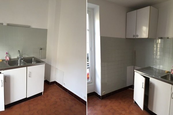 Avant les travaux : la cuisine dans son jus avant travaux avec des meubles stratifiés bas de gamme et des carrelages démodés.