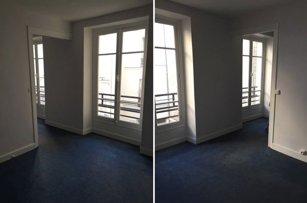 Avant les travaux : l’ancienne chambre au sol moquetté avant décloisonnement et aménagement du dressing.