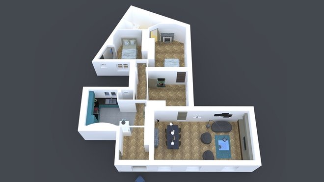 La nouvelle configuration de l’appartement en 3D qui met en évidence le regroupement des chambres, une zone de jour recomposée avec une communication plus fluide.