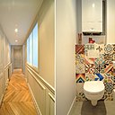 A gauche, le couloir créé avec mur et baie façon atelier dans la première chambre qui était autrefois la salle à manger. A droite, le coin toilettes avec cuvette suspendue et chasse d’eau intégrée derrière un muret recouvert d’un patchwork de carreaux ciment (Mosaïc del Sur).