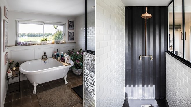 La grande salle de bains a été imaginée dans un style romantique avec une baignoire en acrylique sur pieds (Leroy Merlin) et une immense douche de style industriel recouverte de carrelage métro sur les côtés, mais qui a conservé la tôle du container pour faire office de fond de douche. Pomme de douche en cuivre et robinetterie façon robinets de puisage d’antan.