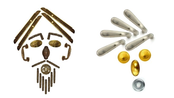 A gauche, visage Asiatique et, à droite, visage Haussmannien, réalisés avec différents éléments des collections du même nom. Réalisation Marc Venot.