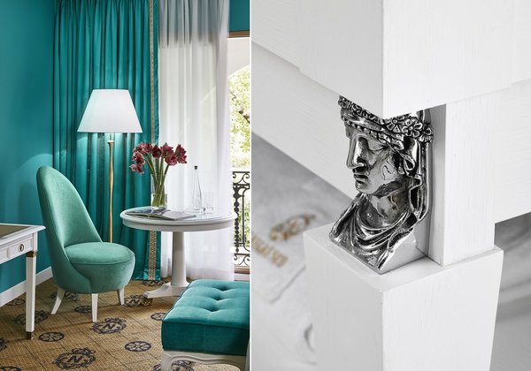 A gauche, les chambres ont été conçues avec des meubles d’inspiration classique stylisés et dessinés spécialement par le Studio Marc Hertrich et Nicolas Adnet pour Le Negresco. Ils sont dotés d’une finition griffée et laquée pour apporter de la luminosité à l’espace. A droite, situé sur les pieds d’un meuble vasque, ce bronze décoratif, revisité en version chrome, comme tous ceux réalisés pour ce projet, ont été exécutés par la maison M.E. Dupont, manufacture française de Bronziers d’Art.