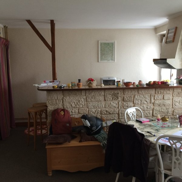 Avant travaux : une cuisine rustique cachée derrière un bar avec une décoration en fausses pierres.