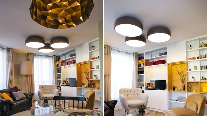 La profondeur de la pièce est mise en valeur par le mobilier. Luminaires Foscarini et Flos.