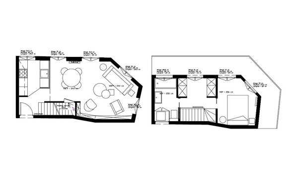 Nouveaux plans après travaux : au premier niveau, la cloison a été démolie pour agrandir la pièce à vivre et supprimer la chambre. L’escalier en colimaçon a été remplacé par un escalier droit. Au second niveau, un palier et une zone de communication avec rangements façon dressing ont été créés entre la chambre et la salle de bains.