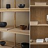 Le système d’étagères N-SSO1 s’inspire des techniques de fabrication des parapluies et des casiers pour chaussures que l’on trouve dans les maisons japonaises. Sur les tablettes, les Book Box N-BB01, boîtes de rangement pour les livres, en cuir et bois, issues d’une collection réalisée en collaboration avec August Sandgren (pionnier danois dans la fabrication des boîtes et reliures en cuir gainé au début du XXème siècle) et une lampe Table light en bois et papier washi.