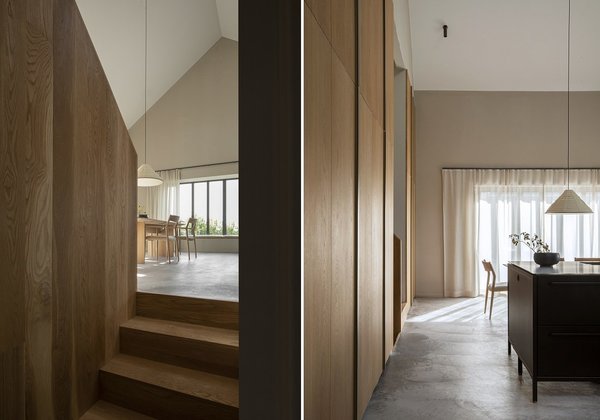 L’espace étagé se déploie sur 5 différences de niveaux. La pièce principale compose un double volume : le salon et la salle à manger sont séparés par l’îlot de la cuisine.