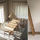 Dans la salle à manger, côté luminaires, la Pendant Light reprend l’architecture des maisons d’été japonaises. Son abat-jour magnétique propose une lumière indirecte. D’esprit marin, le jeu de lignes fait référence aux cordages du port de pêche du coin. La Floor Light (comme la Table Light) offre une base en bois et un diffuseur en papier washi, pratique pour le transport car repliable à plat. Dans la chambre, la table de chevet N-STO1, en bois et marbre, présente et discrète, révèle une géométrie parfaite.