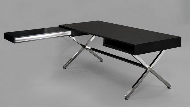Bureau PDG avec retour suspendu de 70 cm. Création Pierre Guariche, édition Huchers Minvielle, 1961.