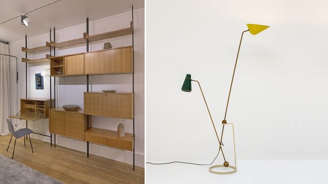 A gche, système de rangement modulaire avec secrétaire. En métal laqué, frêne et orme. Création Pierre Guariche, édition Galerie Mai, vers 1954. A dte, lampadaire G23 avec second bras qui sert de contrepoids au premier sur le principe d’un mobile de Calder. L’éclairage d’ambiance indirect, avec abat-jour de forme ouverte est dirigé vers le plafond tandis que l’éclairage directionnel, haut et de forme fermée pour ne pas atteindre l’œil, pour la lecture. Création Pierre Guariche, édition Pierre Disderot, 1951
