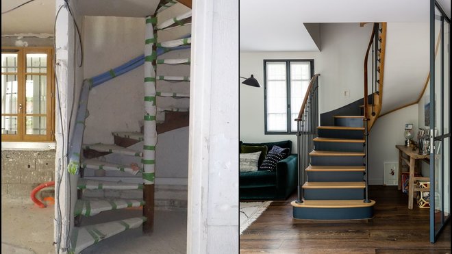 Avant–après aménagement, l’escalier et zone de communication pour accéder au premier étage.
