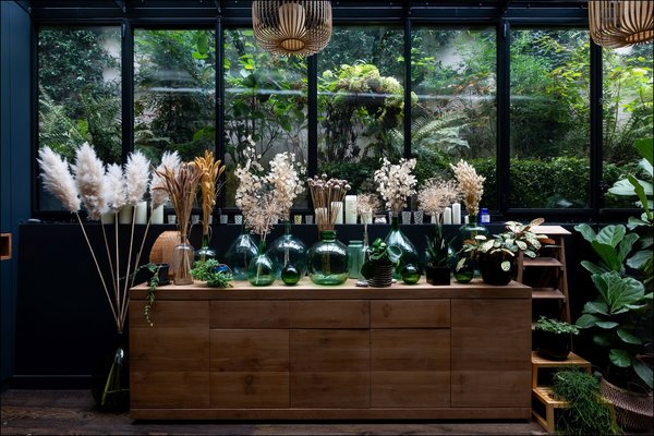 Dans la véranda et extension, la décoration fait écho à la végétation extérieure.