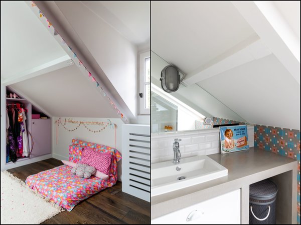 Sous les toits, le domaine des enfants colorié avec des couleurs acidulées comme des bonbons.