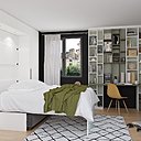 Pour un gain de place absolu : le lit escamotable. Côté jour : un ensemble avec canapé, bibliothèque en rayonnage ouvert avec espace bureau, et meuble TV sur le retour. Et en configuration nuit, un vrai lit confortable avec couchage en 140 cm. Rangements latéraux portes battantes, intérieur rayonnages et penderies. Quadro.