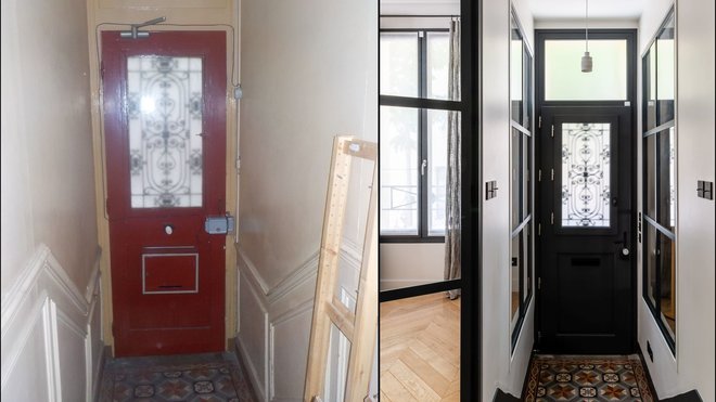 Avant-après : une entrée principale conservée pour respecter la symétrie des ouvertures existantes. Le sol en carreaux ciment et la belle ferronnerie ont été mis en valeur dans un cadre de couleur noire.