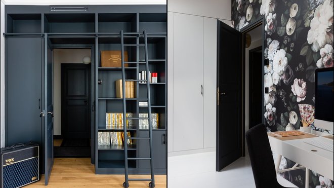 Au second niveau, la couleur noir rythme l’espace et notamment dans l’espace bureau. Papier-peint Dark Floral, chez Ellie Cashman.