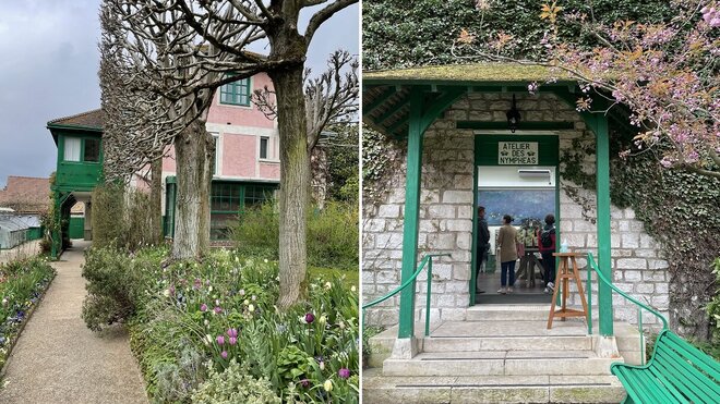 A gauche, le deuxième atelier  de Claude Monet privatisé pour la fondation ne se visite pas. A droite, le 3ème atelier construit pour peindre les nymphéas et devenu boutique.