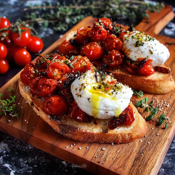Bruschetta aux tomates cerises rôties et burrata